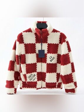Louis Vuitton Red & Cream Checkered Fleece Zip Jacket